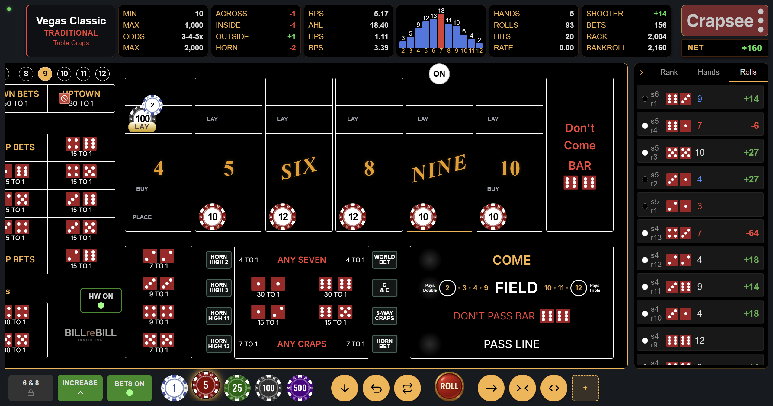 Crapsee craps simulator — traditional table layout with Pass Line, Place bets, and Hardways on the felt